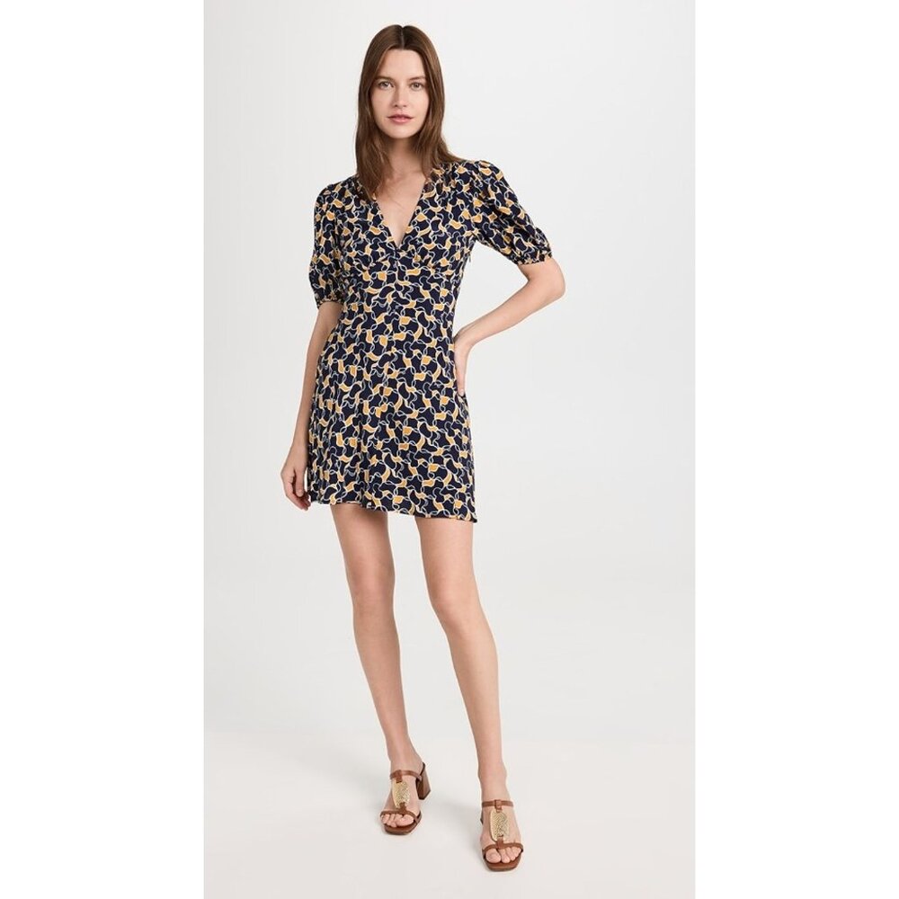 NWT STAUD Sz 00 Milla Mini Dress in Navy Abstract Wave Puff Sleeve Empire V-Neck